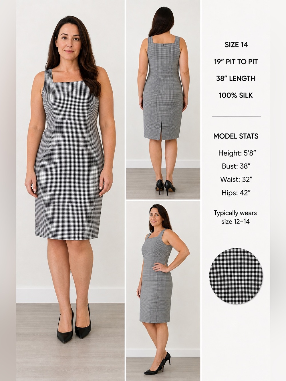 Shomi by Miller Shor Petite 100% Silk Gingham Sheath Dress Size 14 Vintage 90s